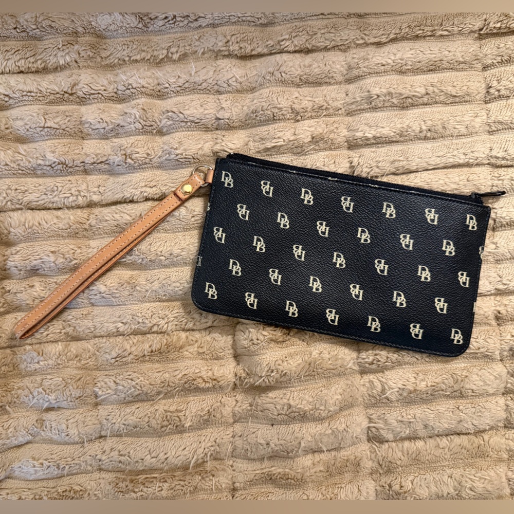 Dooney & Bourke Logo Vintage Black Wristlet with Tan Strap